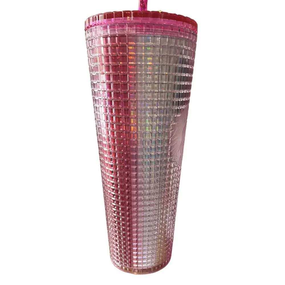 Starbucks 2023 Grid Bubblegum Gradient Pink Silver Iridescent Tumbler Cup 24 oz